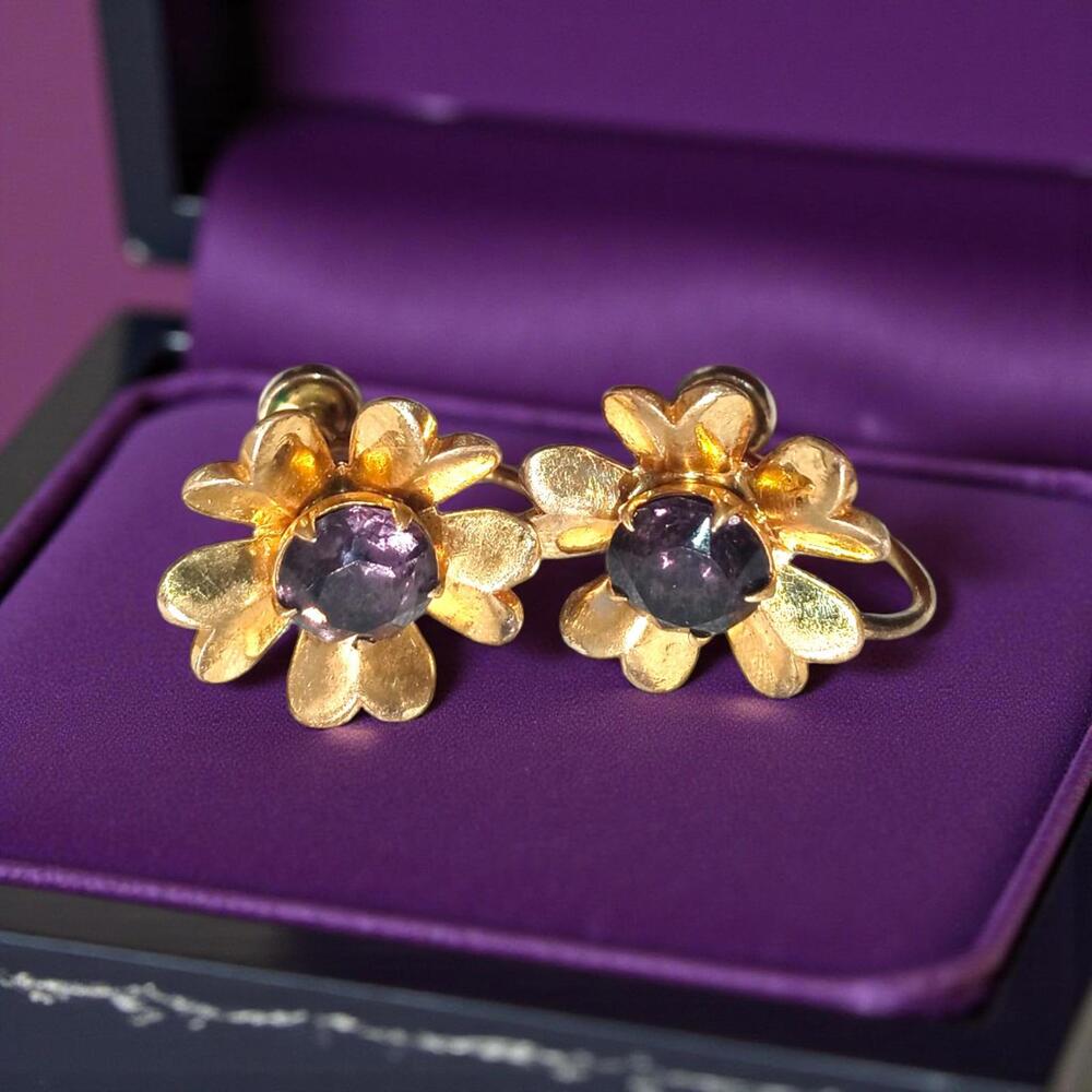 Vintage Gold Flower Shaped Earrings‎ with Purple Gemstone Center